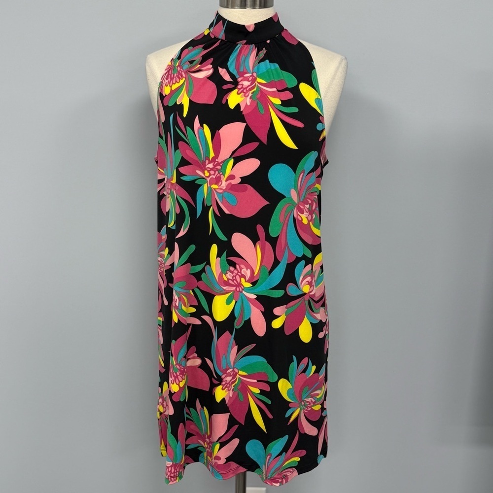 NWT TRINA TURK Halter Dress L Hana Hou Vibrant Black Tropical Floral Resortwear - Picture 4 of 13